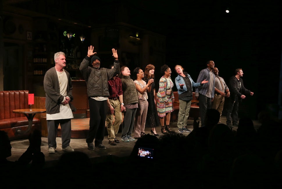 Director Kate Whoriskey and writer Lynn Nottage join cast members on stage during curtain call for "Sweat" during its Broadwa