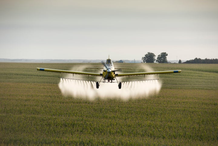 A pilot sprays crops near Whittemore, Iowa.