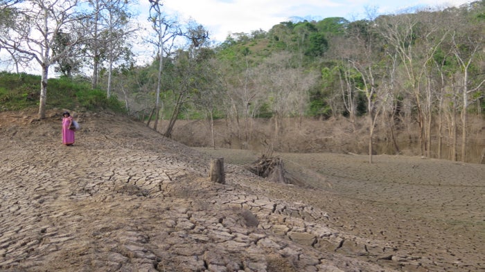 <em>In Kiad, Panama, Weni Bagama makes her way up a hill that was once verdant, now covered in caked mud since the flooding f