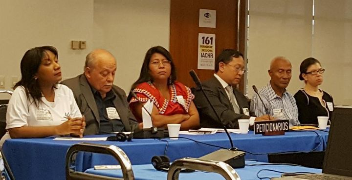 <p><em>Speaking in a panel before the Inter-American Commission on Human Rights are, from left: Ileana Molo of La Red de Derechos Humanos de Panamá; Evidelio Adames of Universidad de Panamá; Weni Bagama; Osvaldo Jordán; Adriano Lasso; and Chloe Schwabe of the Maryknoll of Office for Global Concerns. (GSR photo / Gail DeGeorge)</em></p>