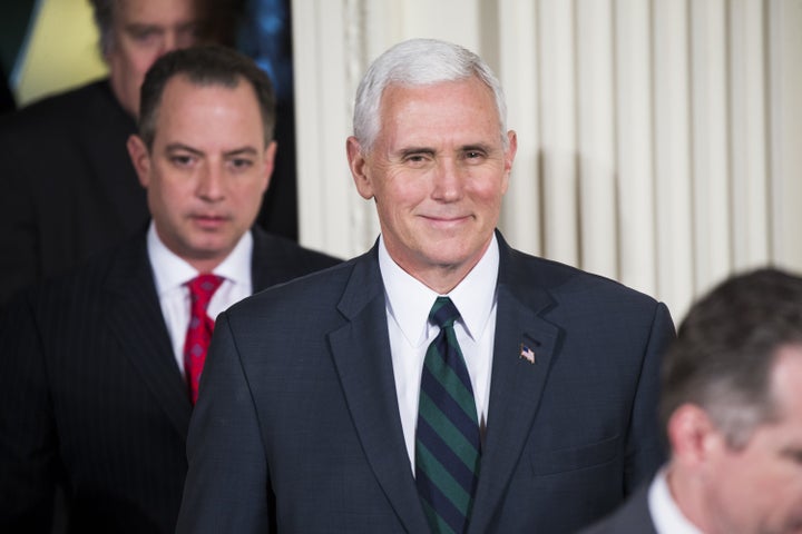 <p>MARCH 17: Vice President <a href="https://www.huffpost.com/news/topic/mike-pence">Mike Pence</a> arrives for a joint press conference by U.S. President <a href="https://www.huffpost.com/news/topic/donald-trump">Donald Trump</a> (not seen) and German Chancellor Angela Merkel (not seen) at the White House.</p>