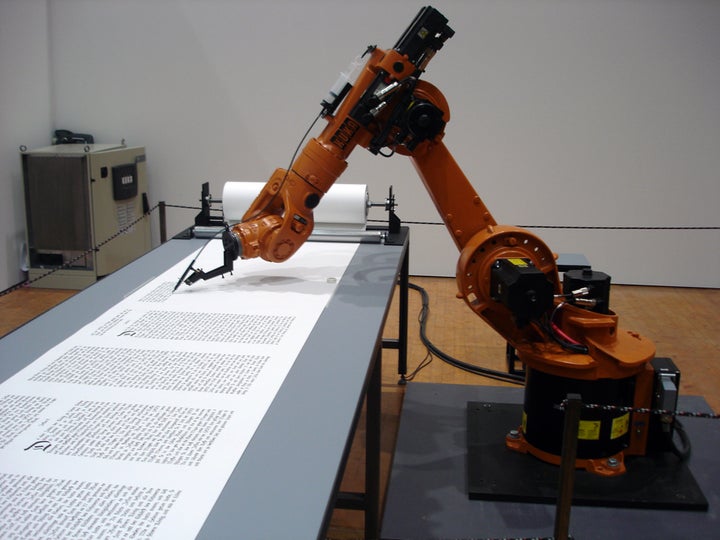 Roboscribe is one of many robots that does repetitive tasks like calligraphy without fatigue, bathroom breaks, pension or other benefits.