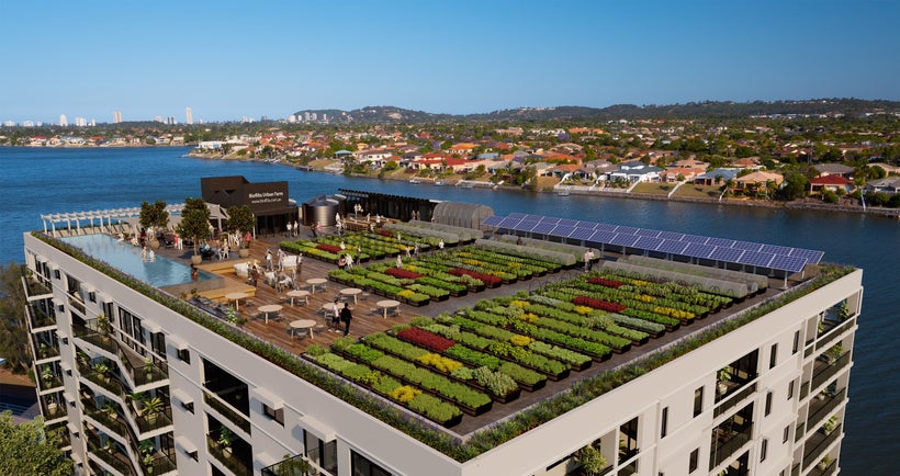 A rendering of Biofilta’s rooftop concept shared at the LAUNCH Food Forum at the California Academy of Sciences in San Franci