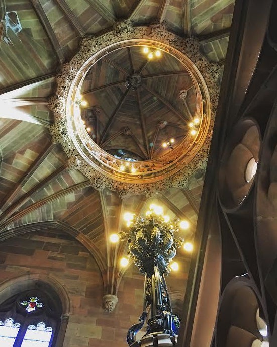 <p>main staircase at the John Rylands Library</p>