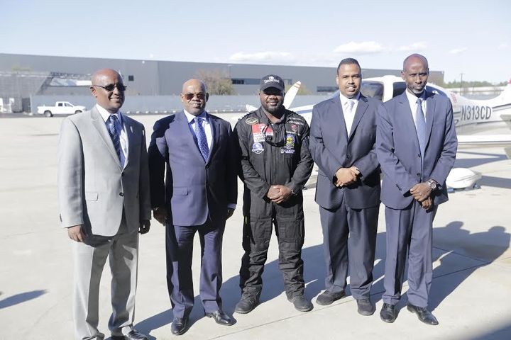 <p>All formed part of a high-level delegation to welcome the historic aviator on the tarmac at Dulles Airport, including: the Ambassador of Djibouti to the United States, His Excellency, Mr. Mohamed Siad Doualeh; Senior Director of Strategic Planning for Djibouti Ports & Free Zones Authority, Mr. Dawit Michael Gebre-ab; and Chief Operating Officer of Air Djibouti, Mr. Moussa Houssein.</p>