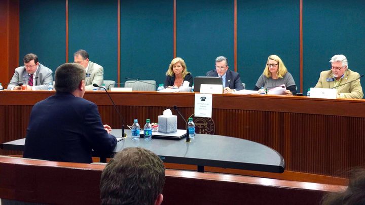 <p>Members of the Georgia state Senate Judiciary Committee, chaired by Jesse Stone, R-Waynesboro, listen to testimony from SurvJustice Board Member S. Daniel Carter. March 23, 2017.</p>