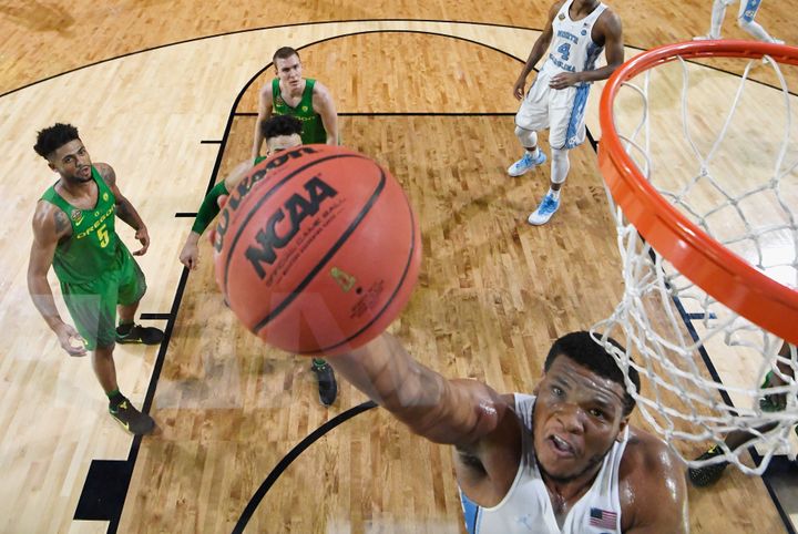 GLENDALE, AZ - APRIL 01: Kennedy Meeks #3 of the North Carolina Tar Heels goes up with the ball against the Oregon Ducks during the 2017 NCAA Men's Final Four Semifinal at University of Phoenix Stadium on April 1, 2017 in Glendale, Arizona. (Photo by Chris Steppig - Pool/Getty Images)