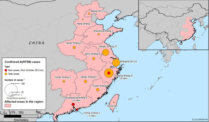 Distribution of cumulative number of confirmed cases of avian influenza A(H7N9), March – 19 December 2013 