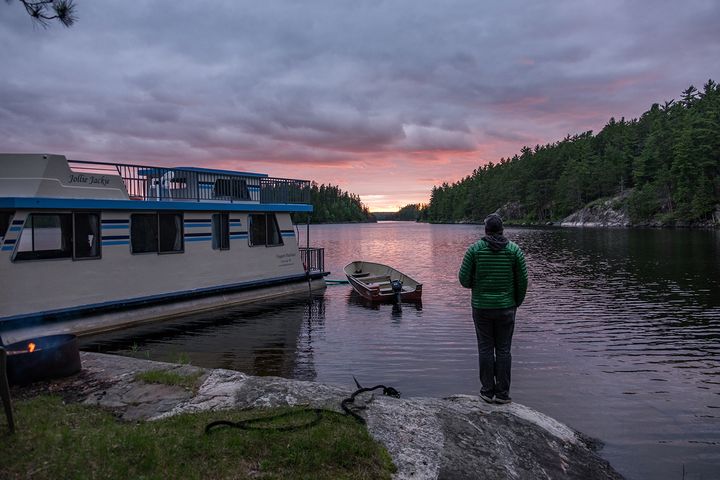 Catching the sunset at our house boat tie-up camping spot in Voyageurs National Park on the American border with Canada. 