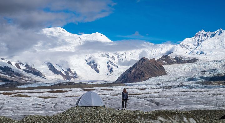 All set up to camp on the Kennicott Glacier in Wrangell St. Elias National Park & Preserve. 