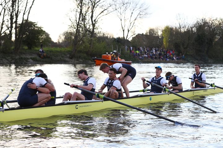 The Oxford men's crew celebrate winning The Cancer Research UK Boat Race on April 2, 2017 in London, England.