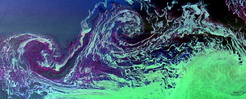 Radar image taken by the Shuttle Imaging Radar-C showing two large ocean eddies.