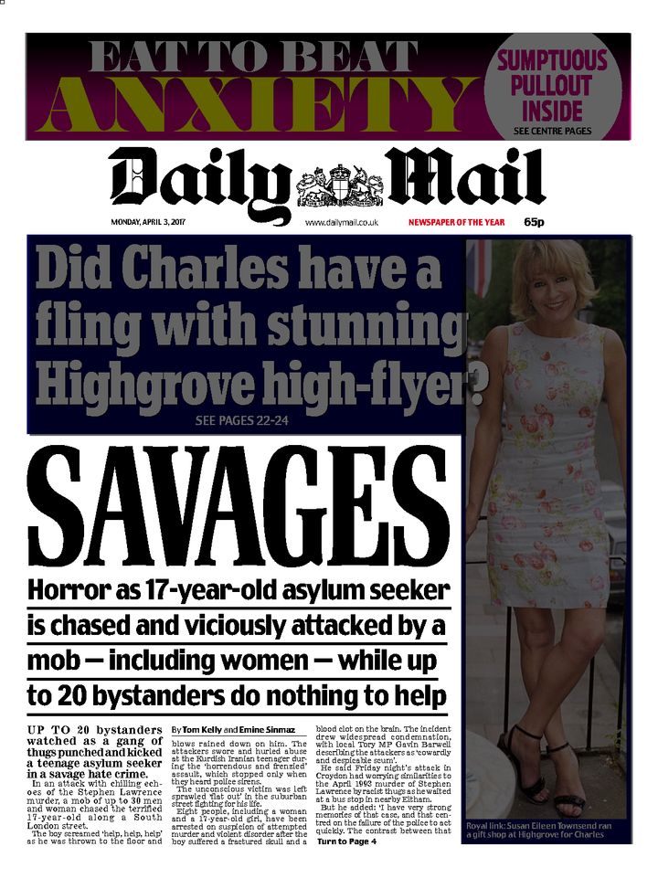 'Savages': how the Daily Mail on Monday reported the attack, which it likened to the 1993 murder of Stephen Lawrence