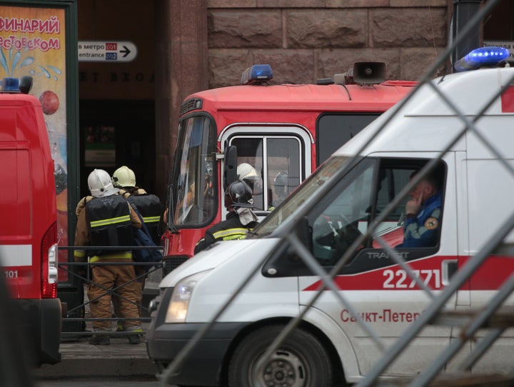 Health team workers and firefighters are dispatched to the metro station.