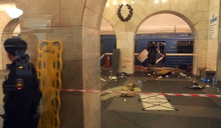 A picture shows the damaged train carriage at Technological Institute metro station in Saint Petersburg on April 3, 2017.