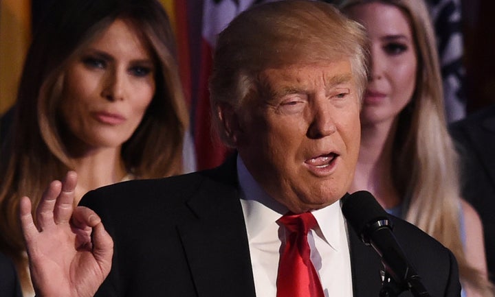 Donald Trump speaks to supporters during election night at the New York Hilton Midtown in New York on November 9, 2016.