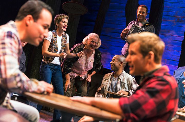 In "Come From Away," Samayoa (front, left) plays one half of a gay couple whose plane is diverted to Gander, Newfoundland following the Sept. 11, 2001 attacks. 