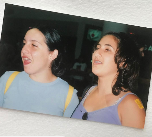 "Here's a pic of me (in a light blue sweatsuit and Winnie The Pooh backpack) and my BFF Lori staring longingly at Aaron Carter during a CD signing at the mall. Lori's currently pregnant with her second child, but I'm still waiting for Aaron's party," she wrote.