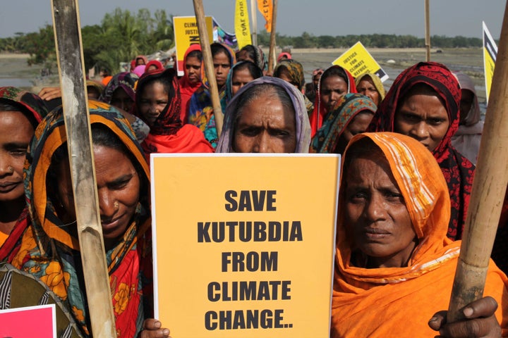 Victims of climate change demand justice for climate refugees on the occasion of the Global Climate March, on Nov. 28, 2015, in Kutubdia Island, Bangladesh.