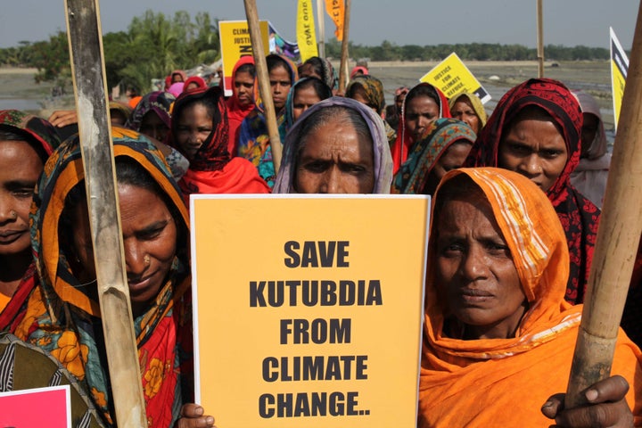 Victims of climate change demand justice for climate refugees on the occasion of the Global Climate March, on Nov. 28, 2015, in Kutubdia Island, Bangladesh. 