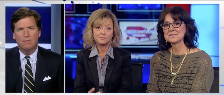 Tucker Carlson, (left) interviews Libby Hilsenrath (center) and Nancy Gayer.