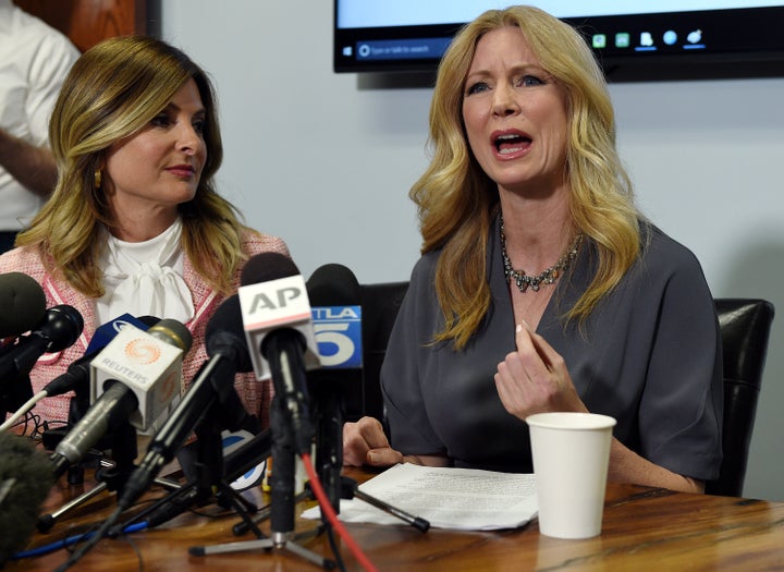 Attorney Lisa Bloom, left, and Dr. Wendy Walsh, right, discuss Walsh's sexual harassment allegations against Fox News host Bill O'Reilly in Los Angeles on April 3, 2017.