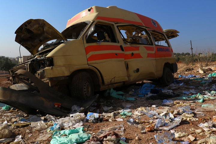 A damaged ambulance stands abandoned after an airstrike in Atareb in November 2016. 