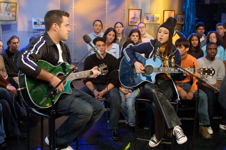 Carson Daly and Michelle Branch on "TRL" in 2002.