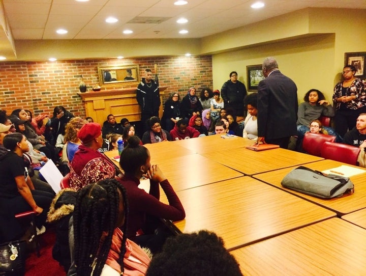 Lee Fisher, Vice President of the NAACP Oneonta chapter, speaking to a group of highschool and college students during the protest meeting.