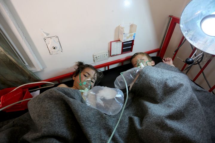 Children receive treatment following the deadly gas attack in the Idlib province of Syria on April 4, 2017.