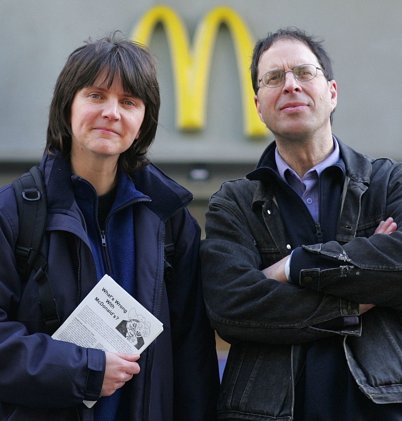 Helen Steel (L) and David Morris stand outside McDonald's restaurant in central London following the McLibel court case.