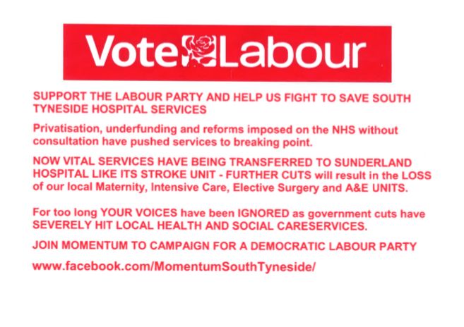 Leaflet distributed advertising South Tyneside Momentum which criticises the local Labour council. 