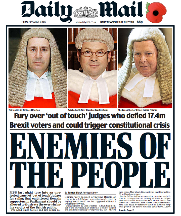 May refused to criticise the Mail over its front page slamming the judges who ruled against the Government over Brexit