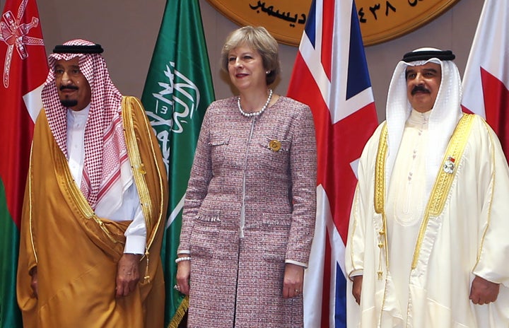 <strong>May with Saudi King Salman (L), and King of Bahrain, Hamad bin Issa al-Khalifa</strong>