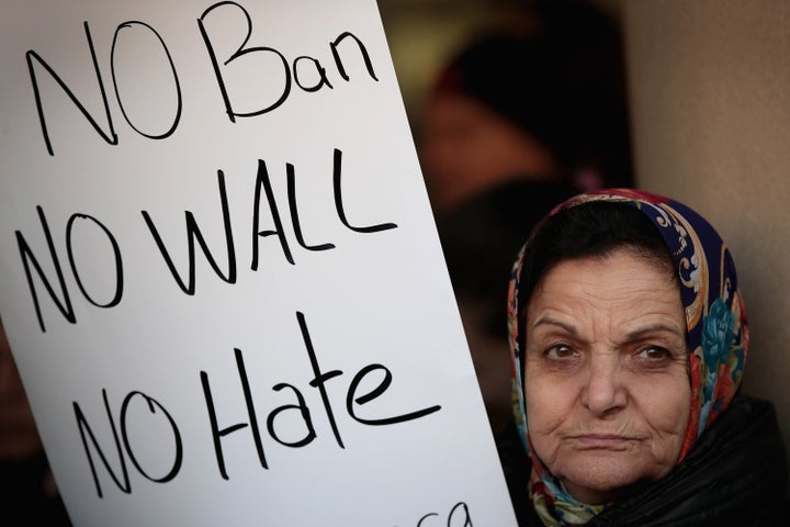 Demonstrators protest President Trump's revised travel ban on March 16, 2017 in Chicago, Illinois.