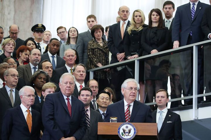 Secretary of State Rex Tillerson speaks to State Department employees on Feb. 2, 2017, the day after he was confirmed by the Senate.