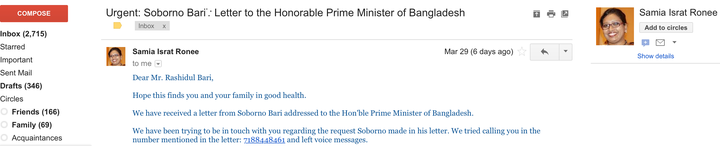 <p>Dr. Samia Israt’s (Prime Minster Hasina’s delegate) email to the author. </p>