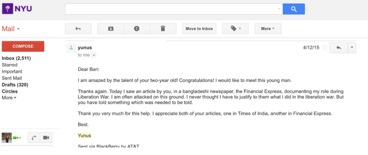 <p>Dr. Yunus email to the author</p>