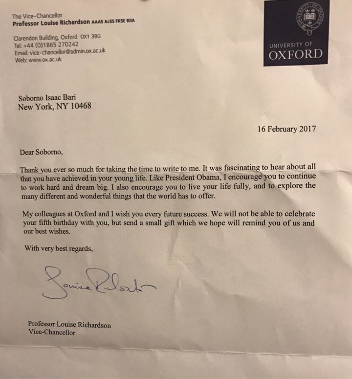 <p>Isaac has received birthday gift from Dr. Louise Richardson, the Vice Chancellor of Oxford University. </p>