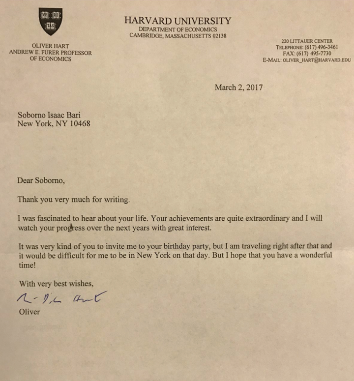 <p>Nobel Laureate Dr. Oliver Hart letter to Isaac. </p>