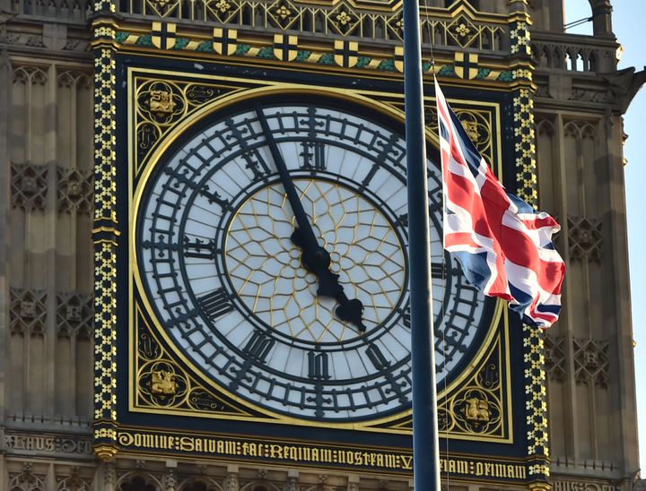 A Union flag is flown at half mast at the Houses of Parliament in London following the attack
