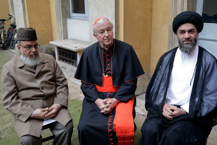 Pope Francis will meet British imams, Muhammad Shahid Raza, chairman of the British Muslim Forum (left) and Ali Raza Rizvi (right) alongside Vincent Nichols, Archbishop of Westminster (centre), in Rome on Wednesday following the Westminster attack