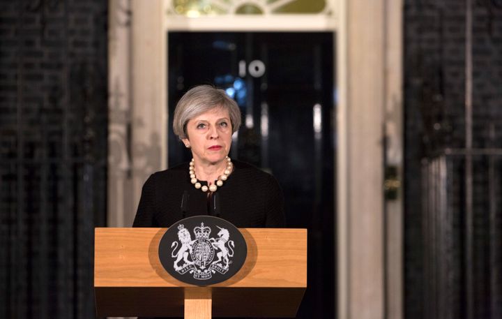 Prime Minister Theresa May makes a statement from Downing Street following the terrorist incident