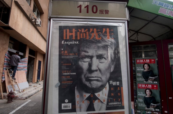 A newsstand with a photo of Donald Trump in Shanghai on April 5.