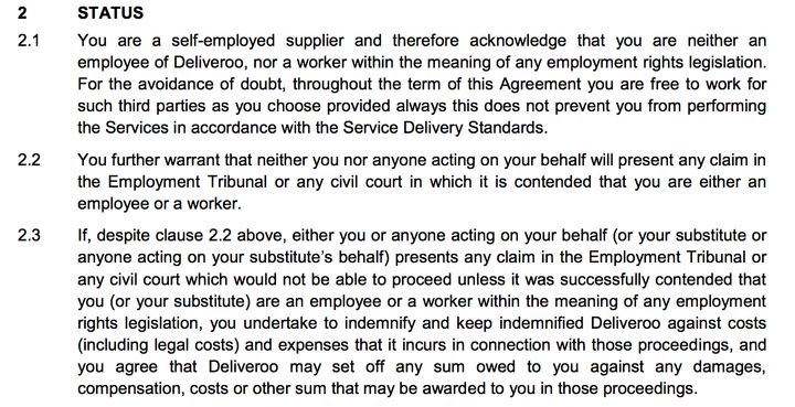 Deliveroo's contract specifically precludes riders from challenging their employment status in court