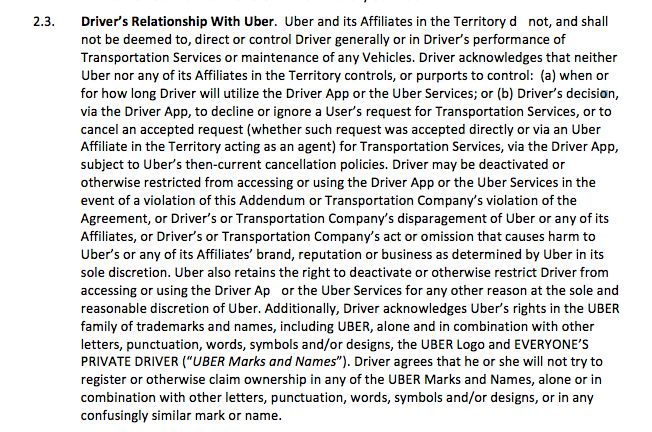 Uber states those signing its agreement accept the firm does not 'direct or control Driver (sic) generally'