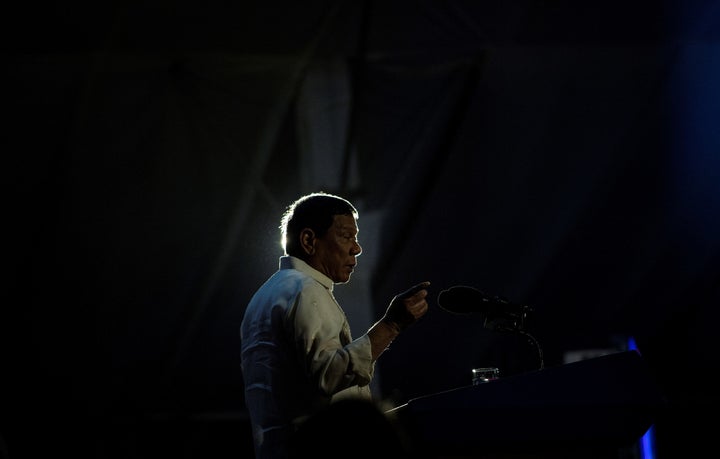 Duterte delivers a speech in the province of Palawan in the Philippines on March 30.