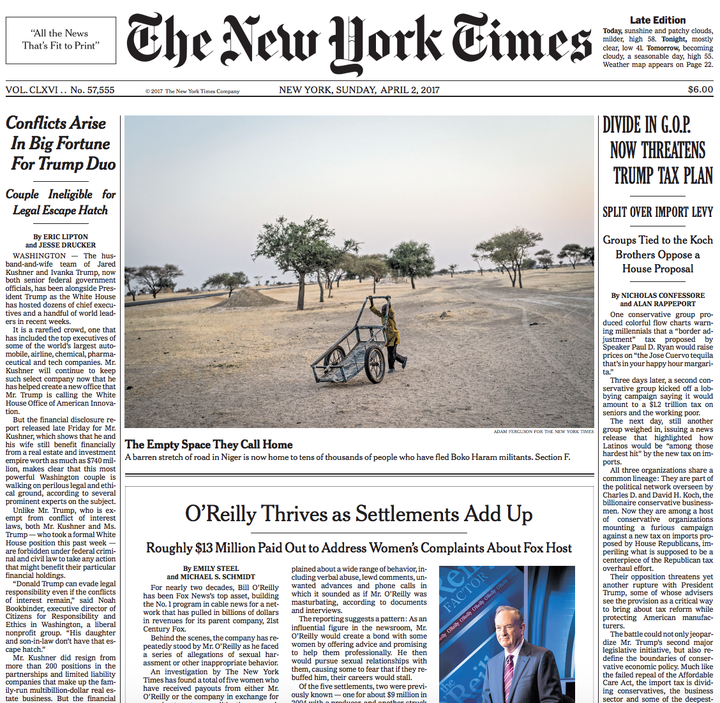 The New York Times placed its Bill O'Reilly investigation across the front page of Sunday's paper.
