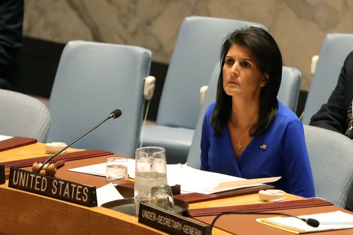 U.S. Ambassador to the United Nations Nikki Haley sits during a meeting at the United Nations Security Council on Syria at the United Nations Headquarters in New York City, April 5, 2017.