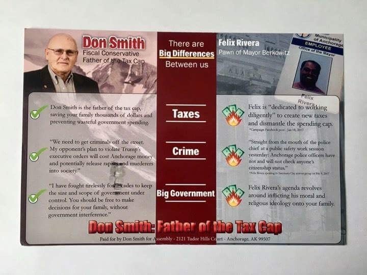 An attack mailer sent by Don Smith, the longtime public official, who lost to Felix Rivera in the Anchorage municipal election.